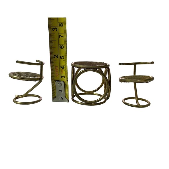 Vintage Brass Dollhouse Furniture 1 Table 2 Chairs Mesh Gold Furniture - Picture 8 of 8